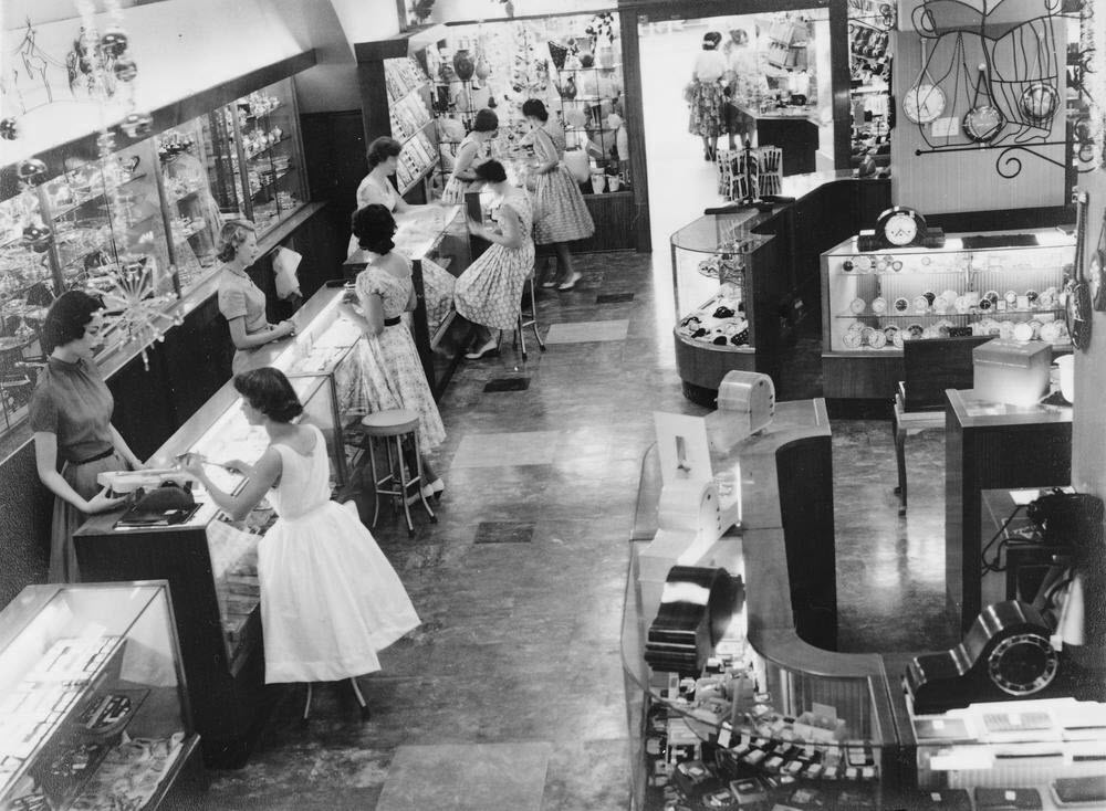 Main showroom inside F. W. Nissen jewelry store in Brisbane, Queensland, Australia. Circa 1950. 
